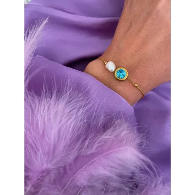 Camelia - Βραχιόλι με Μαργαριτάρι και Κρύσταλλο Swarovski Light Turquoise
