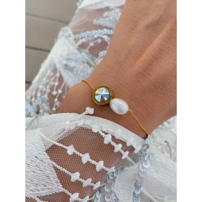 Camelia - Βραχιόλι με Μαργαριτάρι και Κρύσταλλο Swarovski Silver Metallic
