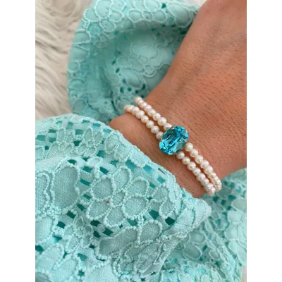 Marjorie Pearl - Βραχιόλι με Μαργαριτάρια & Κρύσταλλο Swarovski Light Turquoise