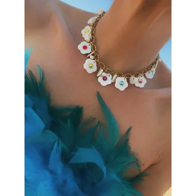 Margarita Charm - Χειροποίητο Κολιέ με charms Μαργαρίτες, Πέρλες & Κρύσταλλα Swarovski 
