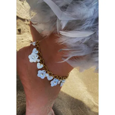 Margarita Charm Anklet - Χειροποίητο Βραχιόλι Ποδιού με Charms Μαργαρίτες, Πέρλες & Κρύσταλλα Swarovski Crystal
