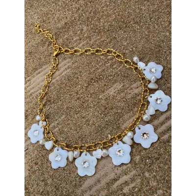 Margarita Charm - Χειροποίητο Κολιέ με charms Μαργαρίτες, Πέρλες & Κρύσταλλα Swarovski Crystal
