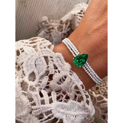 Juliette Pearl - Βραχιόλι με Πέρλες & Κρύσταλλο Swarovski Majestic Green
