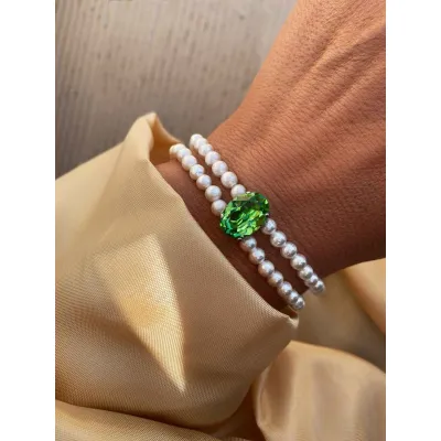 Marjorie Pearl - Βραχιόλι με Μαργαριτάρια & Κρύσταλλο Swarovski Peridot