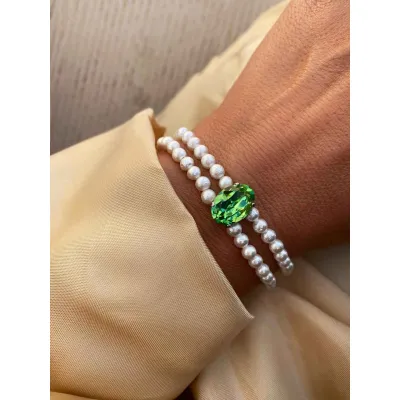 Marjorie Pearl - Βραχιόλι με Μαργαριτάρια & Κρύσταλλο Swarovski Peridot