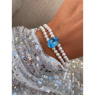 Marjorie Pearl - Βραχιόλι με Μαργαριτάρια & Κρύσταλλο Swarovski Aquamarine