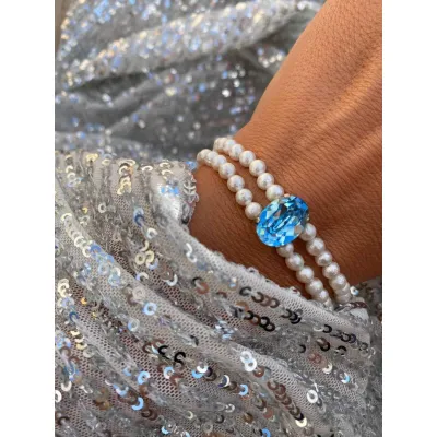 Marjorie Pearl - Βραχιόλι με Μαργαριτάρια & Κρύσταλλο Swarovski Aquamarine