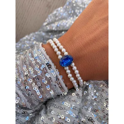 Marjorie Pearl - Βραχιόλι με Μαργαριτάρια & Κρύσταλλο Swarovski Royal Blue Delite