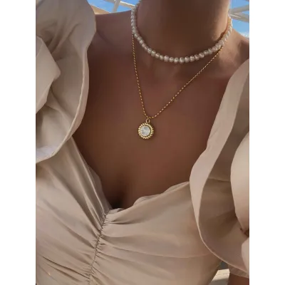 Royal Pearl - Σετ Κολιέ με Μαργαριτάρια και Μενταγιόν με Κρύσταλλο Swarovski White Opal