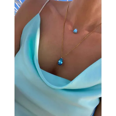 Sky Aura - Σετ Κολιέ από Διάφανη Πετονιά & Μενταγιόν Swarovski Aquamarine