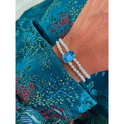 Vindemia Pearl - Βραχιόλι με Μαργαριτάρια & Κρύσταλλο Swarovski Aquamarine